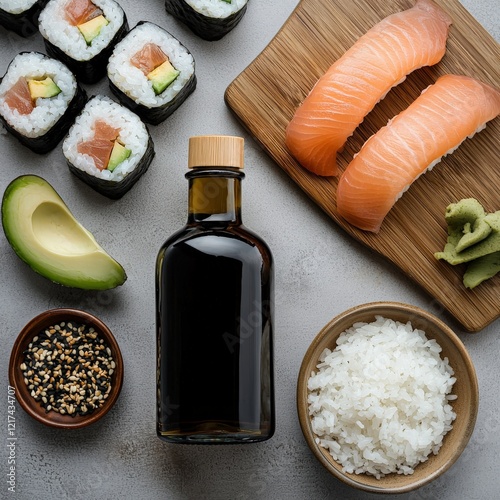 A bottle of rice vinegar displayed beside sushi ingredients. photo