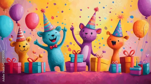 Colorful Cartoon Party Animals Celebrating with Gifts and Balloons in a Vibrant,Whimsical Setting