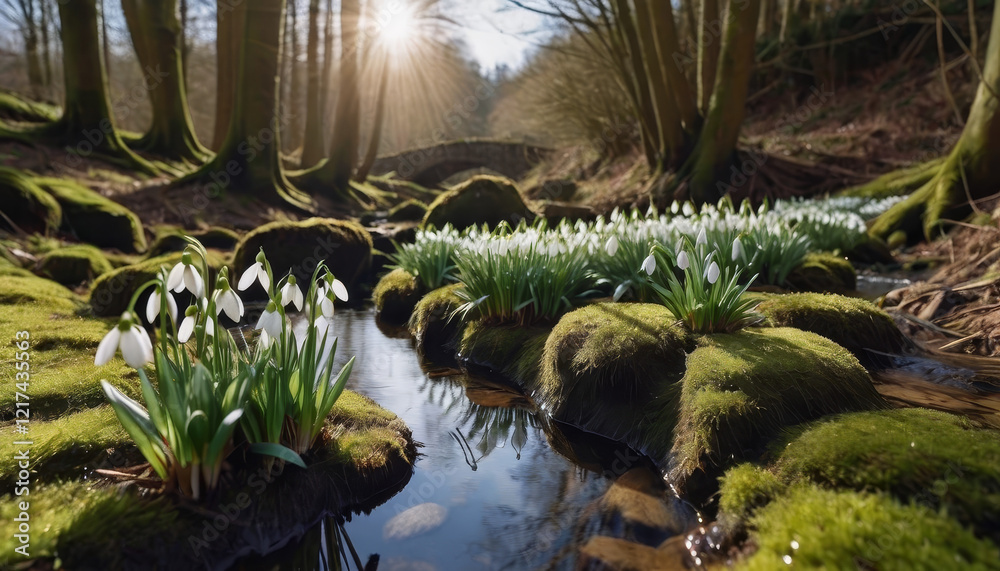 Fototapeta premium Snowdrops by stream reflecting in morning light