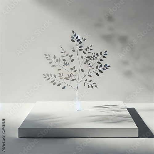 Serene Minimalist Scene with Subtle Tree Leaves Shadows on White Canvas1