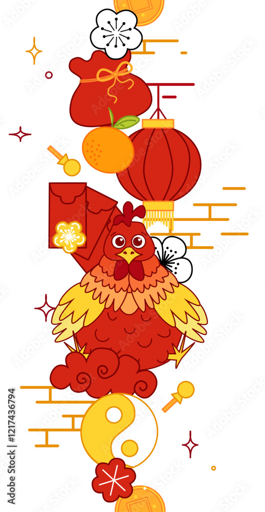 Naklejka premium Chinese new year vector vertical seamless border. 2029 year of rooster lunar lantern festival mascot. Asia oriental traditional ornament, frame and border. Graphic line illustration