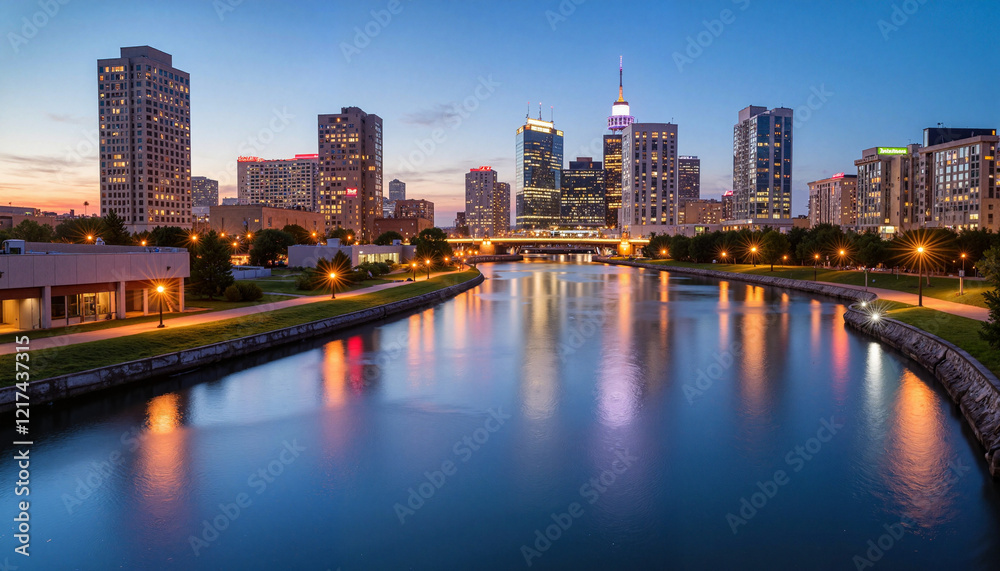 Fototapeta premium Modern cityscape with flowing river at twilight, urban serenity