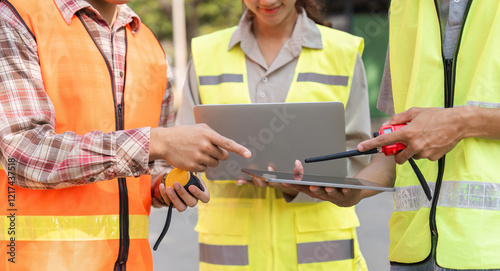 Foto Logistics engineering team analyzing data on a tablet and discussing project met