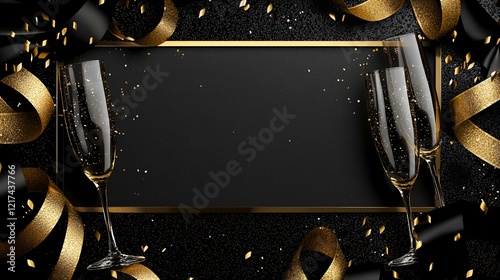 Black and gold New Year's celebration; champagne flutes, confetti, ribbons.  Perfect for cards or invitations