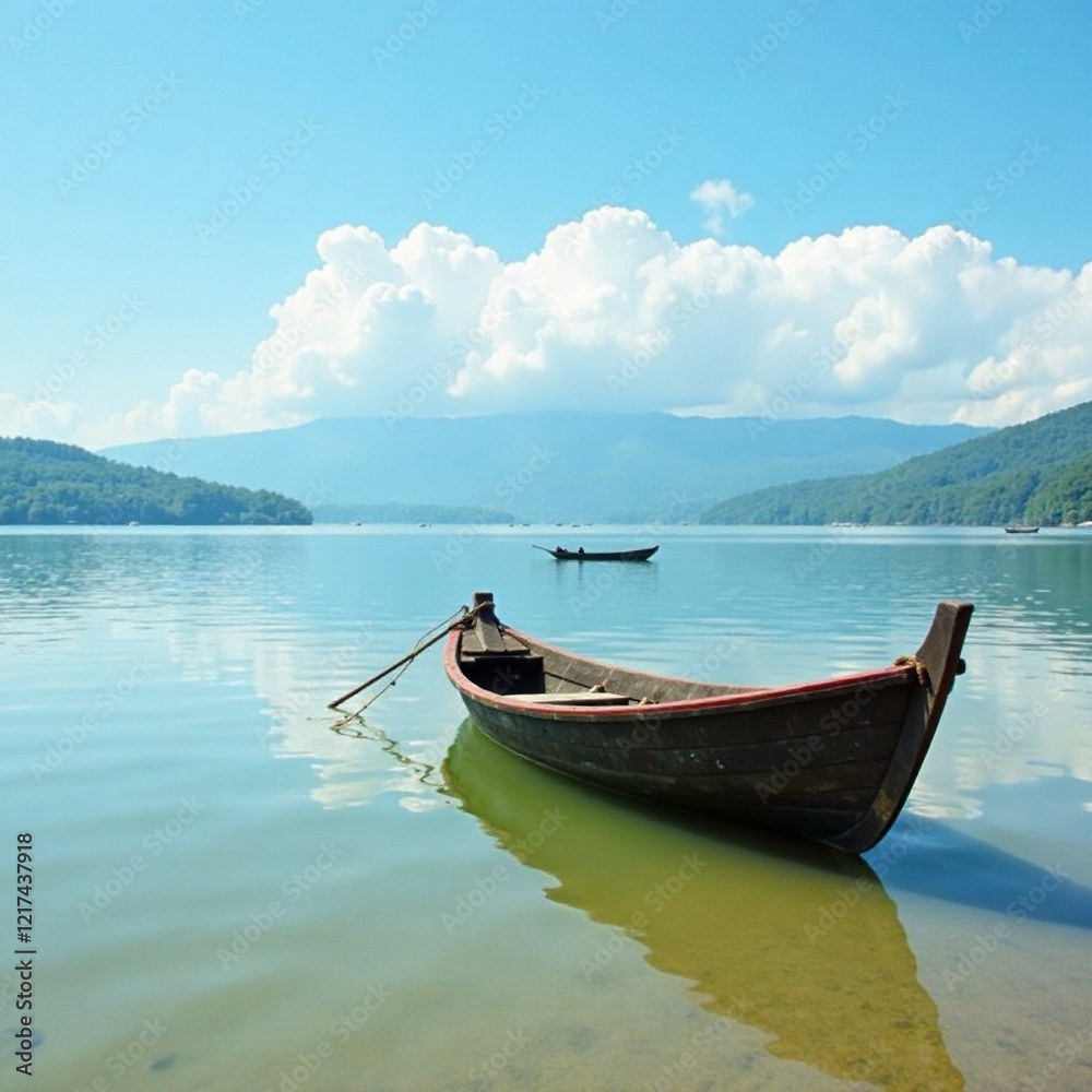 Fishing boat anchored at low tide in shallow waters of Chittagong Hill Tracts, lake, boat, fishing boat Fishing boat anchored at low tide in shallow waters of Chittagong Hill Tracts, lake, boat, fishing boat