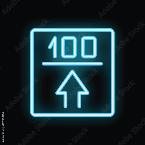 Bright glowing neon sign indicating the number one hundred and an upward pointing arrow, isolated on a black background