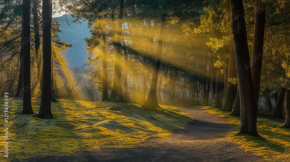 Fototapeta premium Golden rays of sunlight stream through tall trees in a tranquil forest, creating a serene atmosphere perfect for a peaceful stroll.
