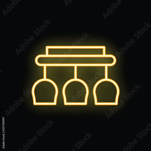 Simple yellow icon of wine glasses hanging over a bar, isolated on a black background