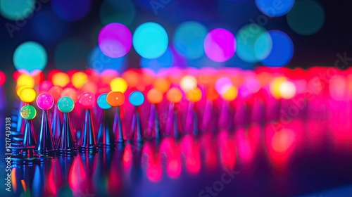 A colorful data visualization display featuring various-sized spheres in pink,