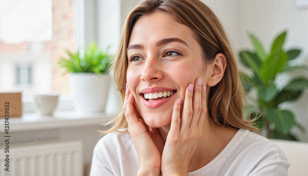 Smiling woman showcasing her white teeth at home, dental celebration Smiling woman showcasing her white teeth at home, dental celebration