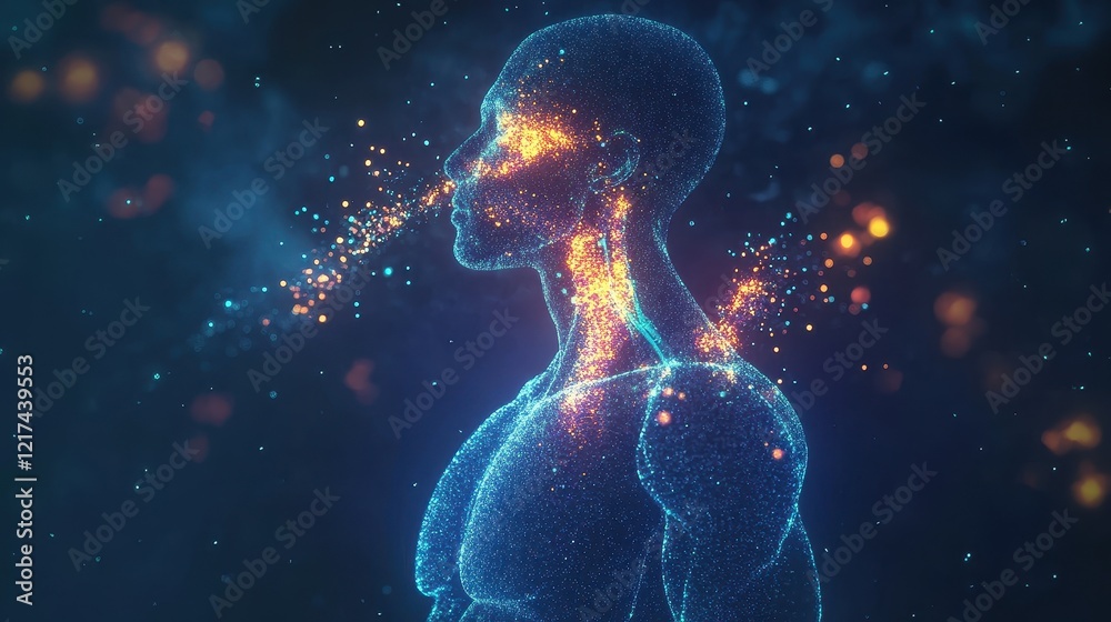 PM2.5 particles visualized in a human respiratory system, glowing and vibrant scientific concept, medical and environmental. PM2.5 particles visualized in a human respiratory system, glowing and vibrant scientific concept, medical and environmental.