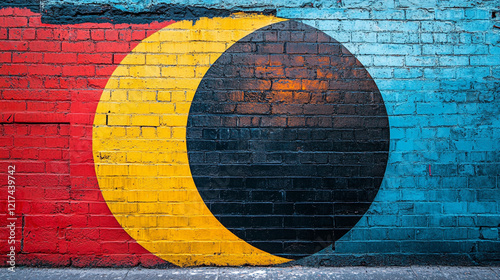 Vibrant mural of overlapping circles on a brick wall in an urban setting