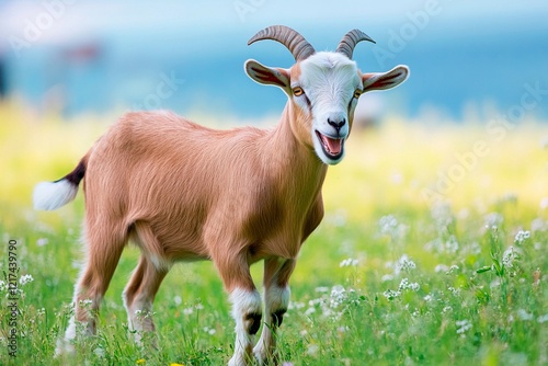 Playful young goat frolics in a vibrant meadow under the sunny sky photo