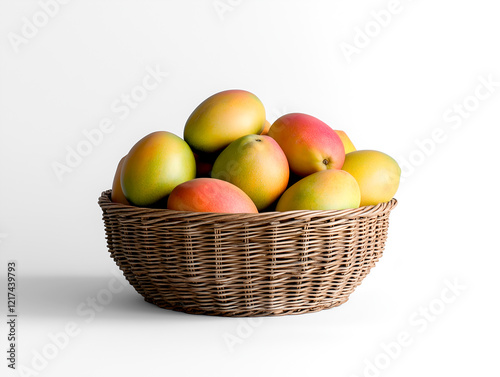 Fresh ripe mangoes in a wicker basket, vibrant colors, healthy food, summer fruit