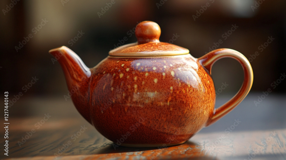 A ceramic teapot with a glossy. The teapot has a rounded body, a curved spout, and a matching lid. The background features a rustic wooden surface A ceramic teapot with a glossy. The teapot has a rounded body, a curved spout, and a matching lid. The background features a rustic wooden surface