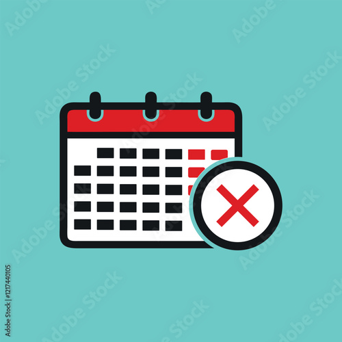 Calendar icon, red X mark, rejection symbol, scheduling conflict, appointment cancellation, turquoise background, flat design, minimalist graphic, date reminder, time management concept, digital icon
