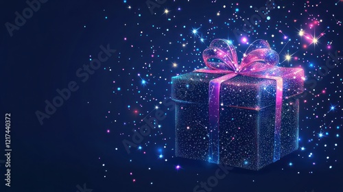 Glowing gift box with sparkling ribbon and particles.