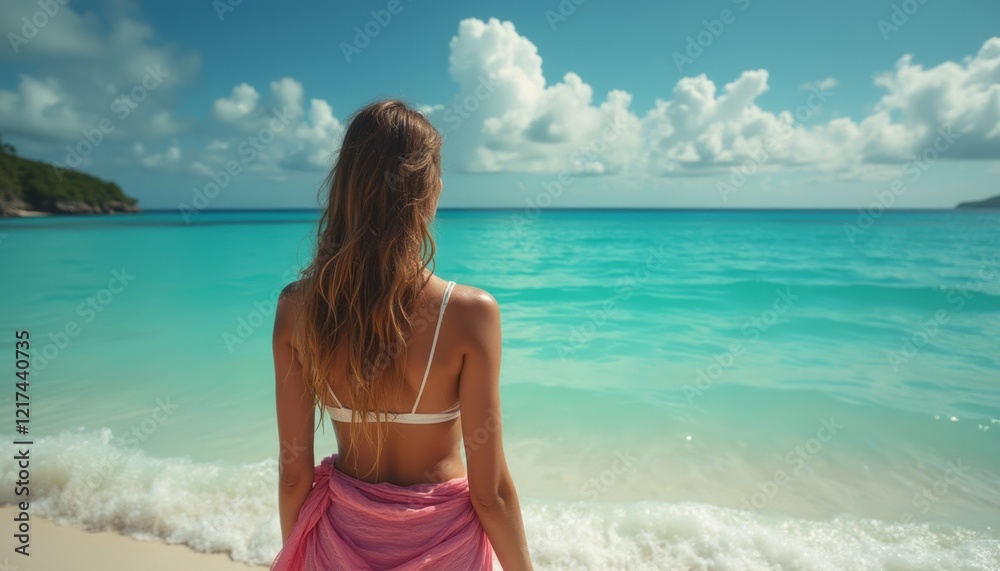 A serene woman stands on a sun-kissed beach, her back turned to the camera as she gazes at the tranquil turquoise ocean. The gentle waves lap at the shore, and fluffy clouds drift lazily across the A serene woman stands on a sun-kissed beach, her back turned to the camera as she gazes at the tranquil turquoise ocean. The gentle waves lap at the shore, and fluffy clouds drift lazily across the