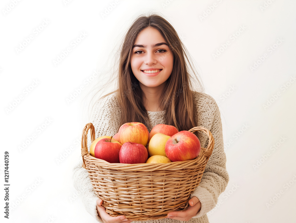 Smiling young woman holding a wicker basket full of ripe red and yellow apples against a simple background Smiling young woman holding a wicker basket full of ripe red and yellow apples against a simple background