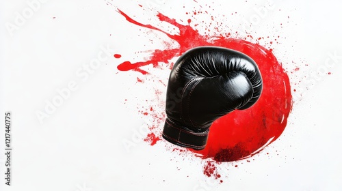 logo featuring boxing gloves in red and black colors, with paint splashes on a white background in a circular shape photo