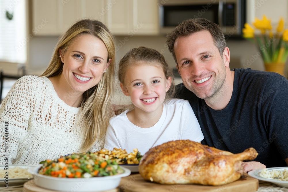 family of three eating easter dinner at home. ai generated