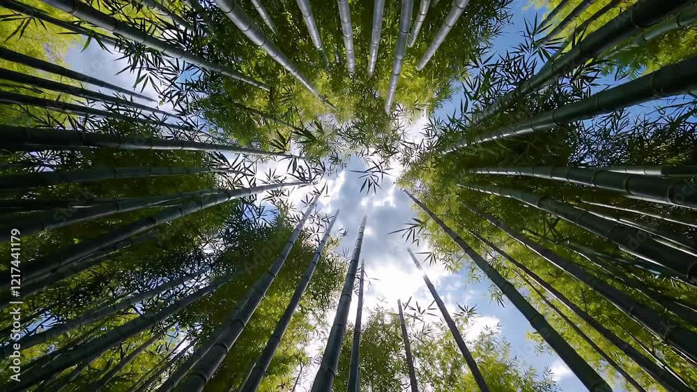 Looking up in a dense bamboo forest, where towering green stalks and vibrant leaves form a natural canopy, creating a breathtaking and immersive scene Looking up in a dense bamboo forest, where towering green stalks and vibrant leaves form a natural canopy, creating a breathtaking and immersive scene