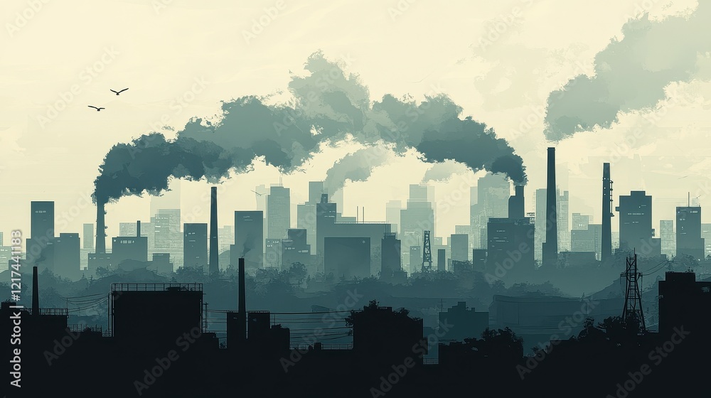 Fototapeta premium Silhouette of a polluted city with chimneys emitting thick smoke, heavy emphasis on smog and air quality issues.