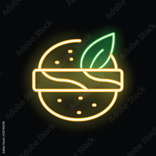Neon sign of a vegetarian hamburger, with a leaf on top, on a black background