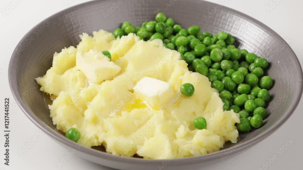 mashed potatoes with melted butter and green peas in bowl zoom mashed potatoes with melted butter and green peas in bowl zoom