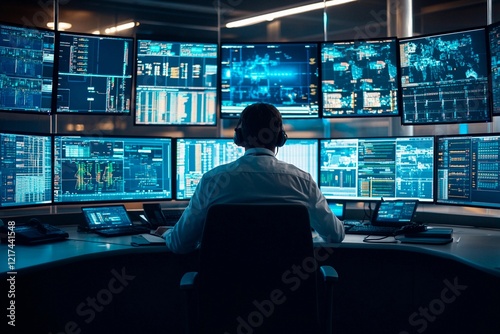 High-tech control room with multiple screens displaying data and analytics in a busy office