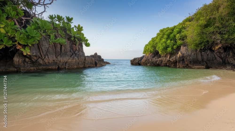 Fototapeta premium A serene beach scene featuring clear turquoise waters, soft sand, and lush greenery framing the rocky coastline under a bright, blue sky.
