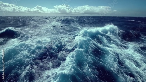 A serene seascape featuring gently rolling ocean waves, captured in soft, fluid motion.