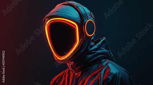 Futuristic figure with glowing helmet and stylish jacket under dark atmospheric lighting