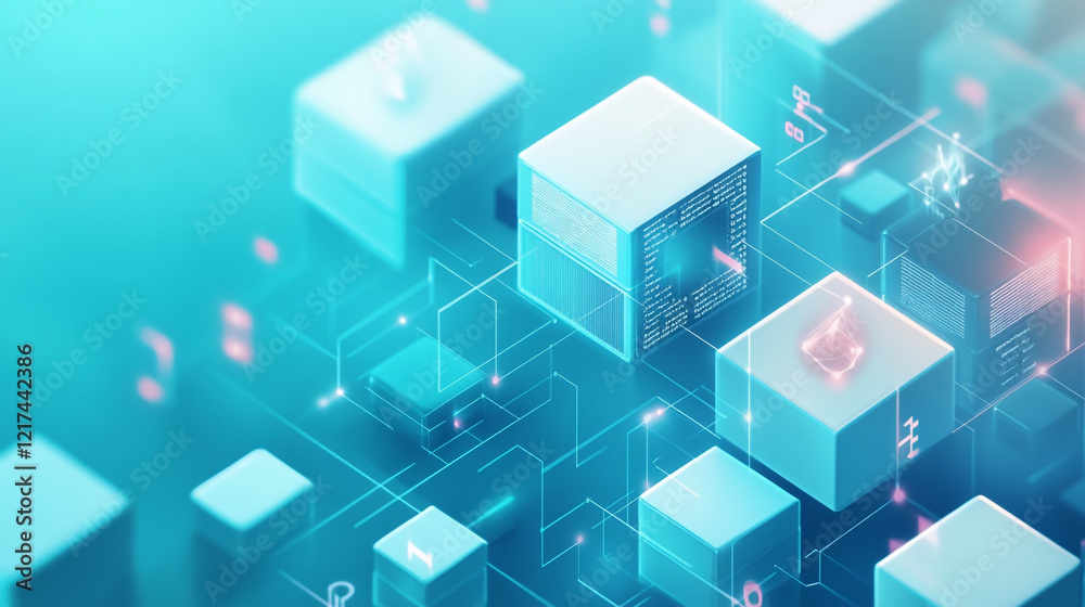 An abstract arrangement of blue cubes on a blue background. Abstract background with white cubes and connecting lines on a teal background. An abstract arrangement of blue cubes on a blue background. Abstract background with white cubes and connecting lines on a teal background.