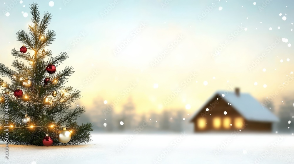 Obraz premium Winter Wonderland Christmas Tree - A decorated Christmas tree sits in the snow, with a cozy cabin softly lit in the background, under a soft winter sky.