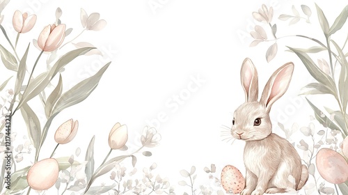 Easter bunny amidst spring blossoms; greeting card design