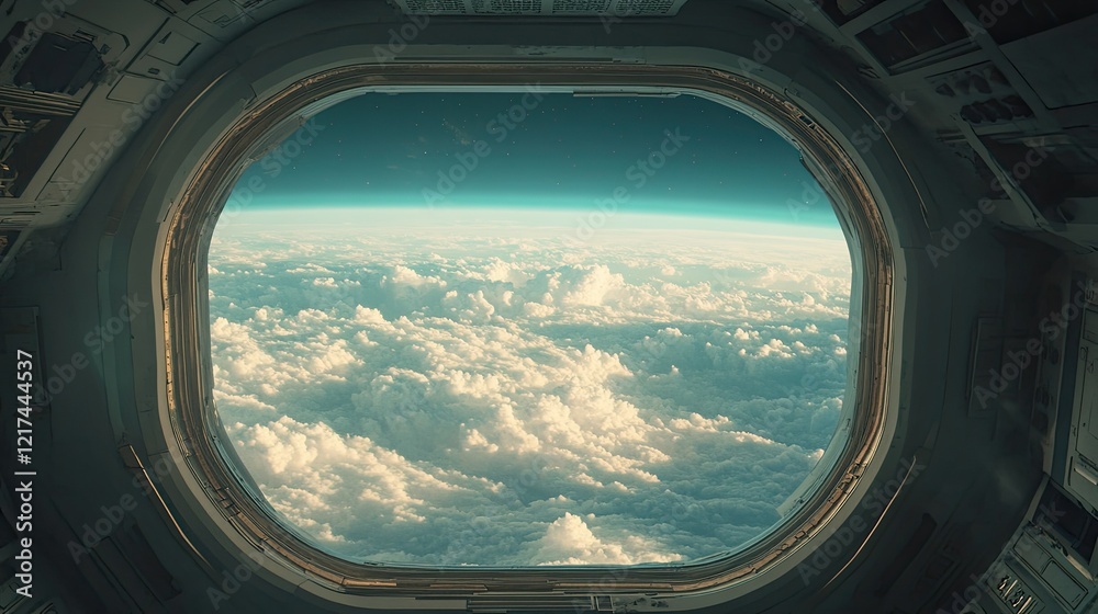 A futuristic spacecraft interior featuring a large window that frames a view of Earth from space. A futuristic spacecraft interior featuring a large window that frames a view of Earth from space.