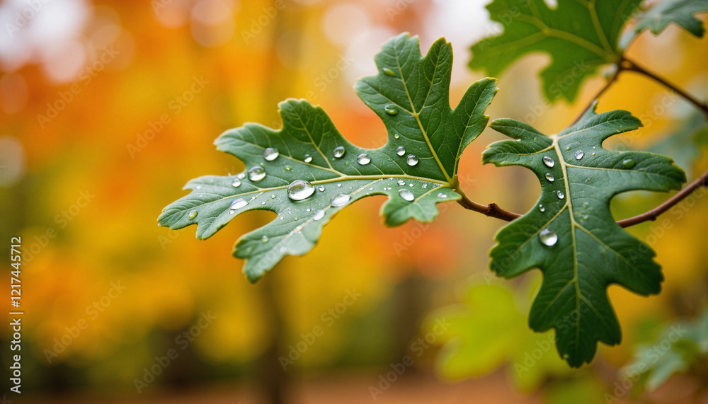 Fototapeta premium Oak leaves with dew drops in colorful autumn forest background