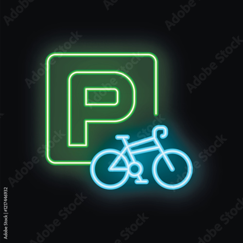 Glowing neon bicycle parking sign with a place for your text