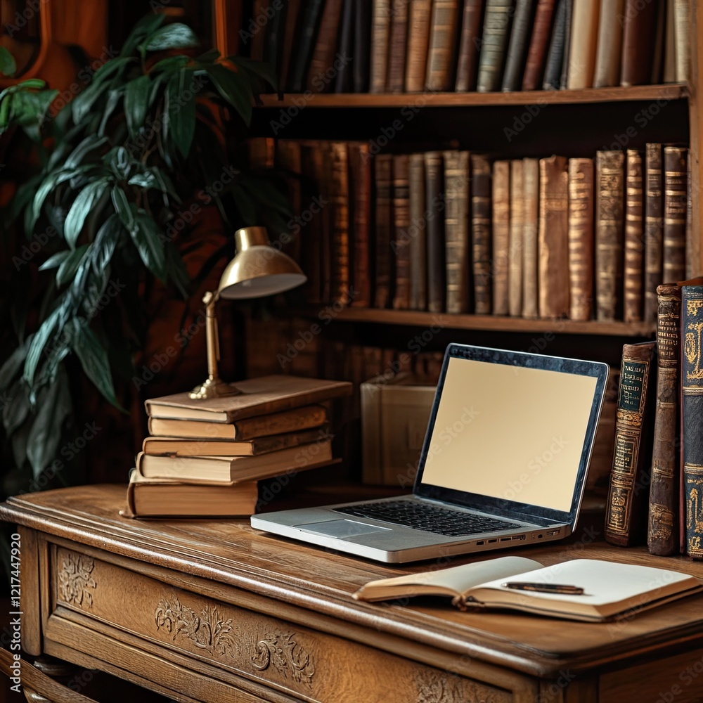 Library desk with an open laptop and stacked books. Library desk with an open laptop and stacked books.