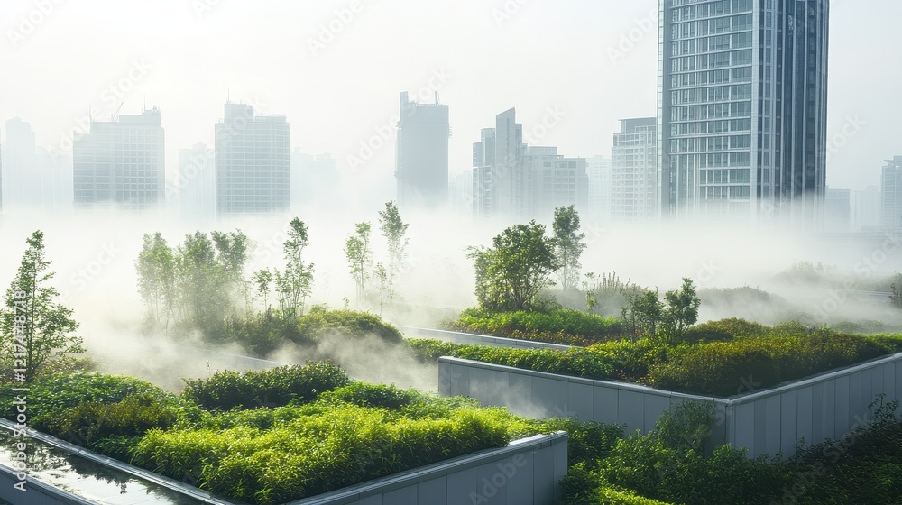 Obraz premium Urban rooftop garden partially engulfed in smog, contrasting clean greenery with polluted atmosphere, unique environmental message.