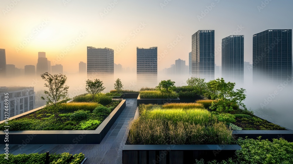 Fototapeta premium Urban rooftop garden partially engulfed in smog, contrasting clean greenery with polluted atmosphere, unique environmental message.