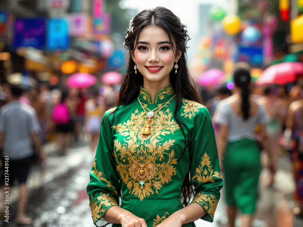 Fototapeta premium A smiling Thai woman in a traditional green dress celebrates the Songkran Festival on a busy street