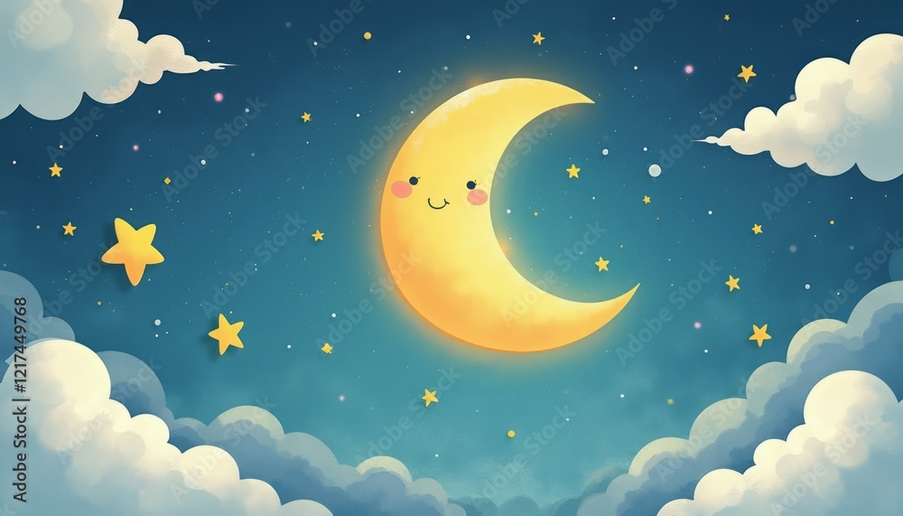 Naklejka premium A charming crescent moon with rosy cheeks and a joyful smile shines brightly in a dreamy night sky filled with twinkling stars and soft, fluffy clouds. This enchanting illustration evokes feelings of