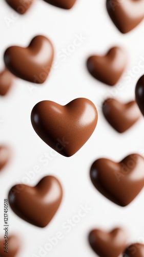 3d Milk chocolate heart pralines dropping valentine love, floating against pristine white backdrop, evoking sweet romantic mood. Vertical format Mocha Mousse
