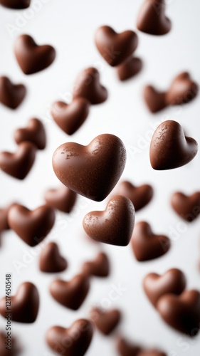 3d Milk chocolate heart pralines dropping valentine love, floating against pristine white background, evoking sweet romantic mood. Vertical format Mocha Mousse