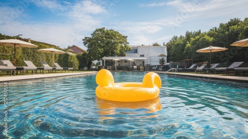 A vibrant yellow inflatable pool float sits in a serene swimming pool surrounded by lounge chairs and umbrellas, under a bright blue sky.