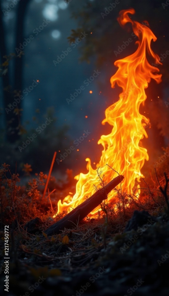 Flames rise from the underbrush as the fire spreads quickly, dry underbrush, wildfire Flames rise from the underbrush as the fire spreads quickly, dry underbrush, wildfire