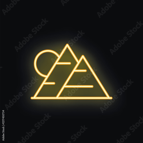 Golden neon light illustration featuring the pyramids of giza with the sun in the background