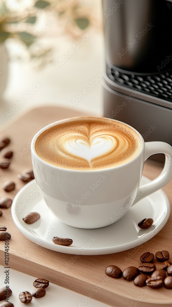 Barista creating heart decorated latte art valentine love, coffee beans adorning ceramic saucer. Vertical format Barista creating heart decorated latte art valentine love, coffee beans adorning ceramic saucer. Vertical format